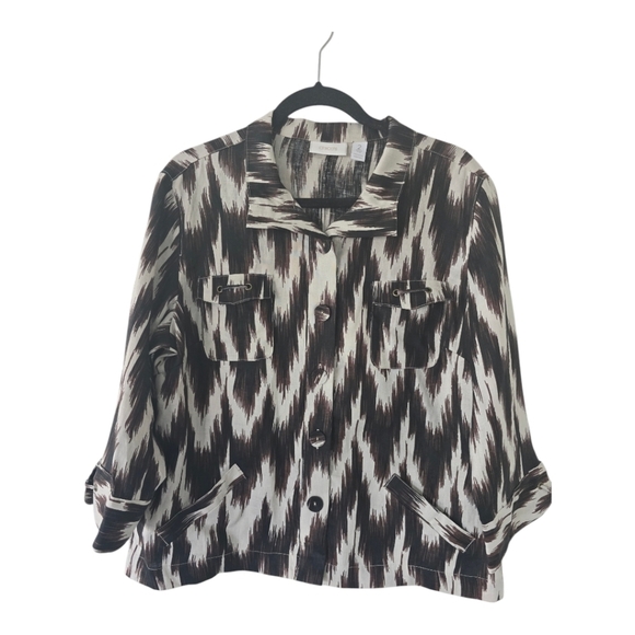 $89 Chico's Luda 100% Linen Shacket Women L Ikat Top Brown Tan Aztec Button Up - Picture 1 of 12